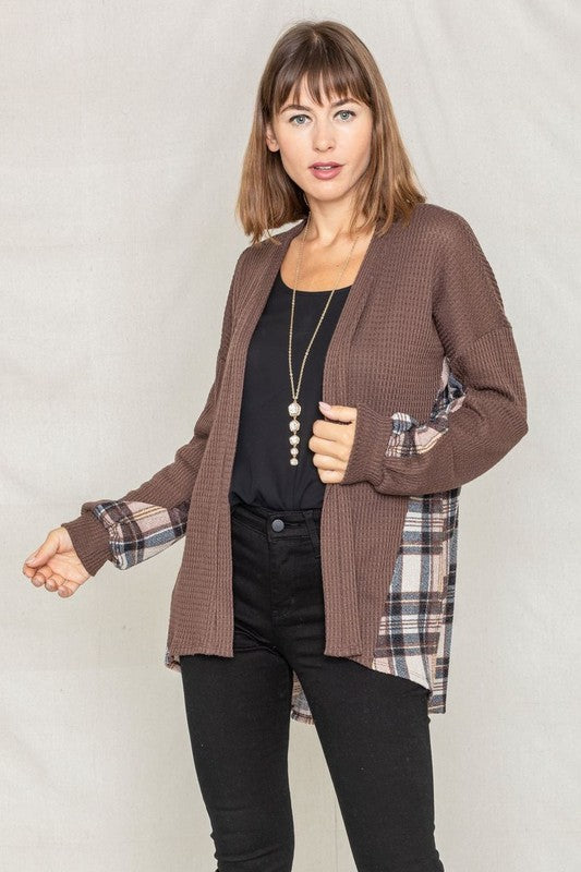 Plaid Back Waffle Knit Cardigan