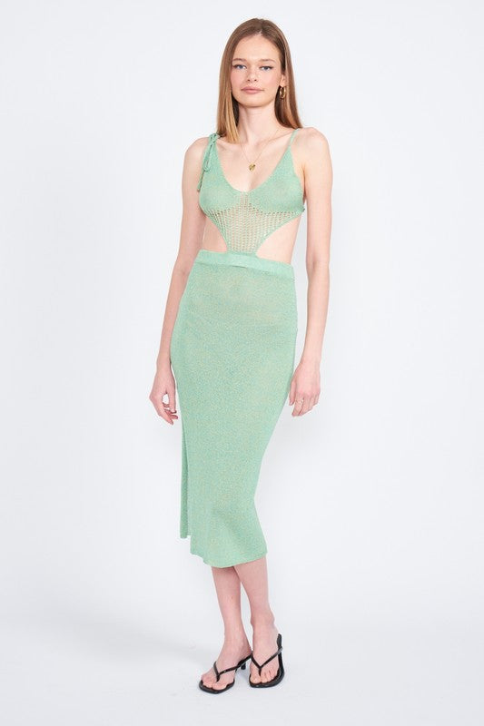 CUT OUT DETAUL MIDI DRESS WITH SHOULDER TIES