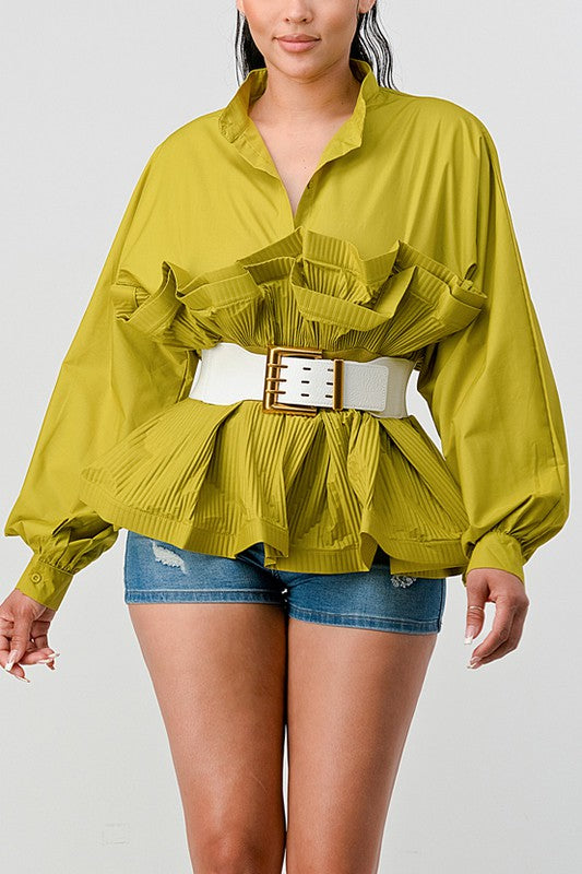 ATHINA PLEATED RUFFLE WASIT BELT LONG BLOUSE