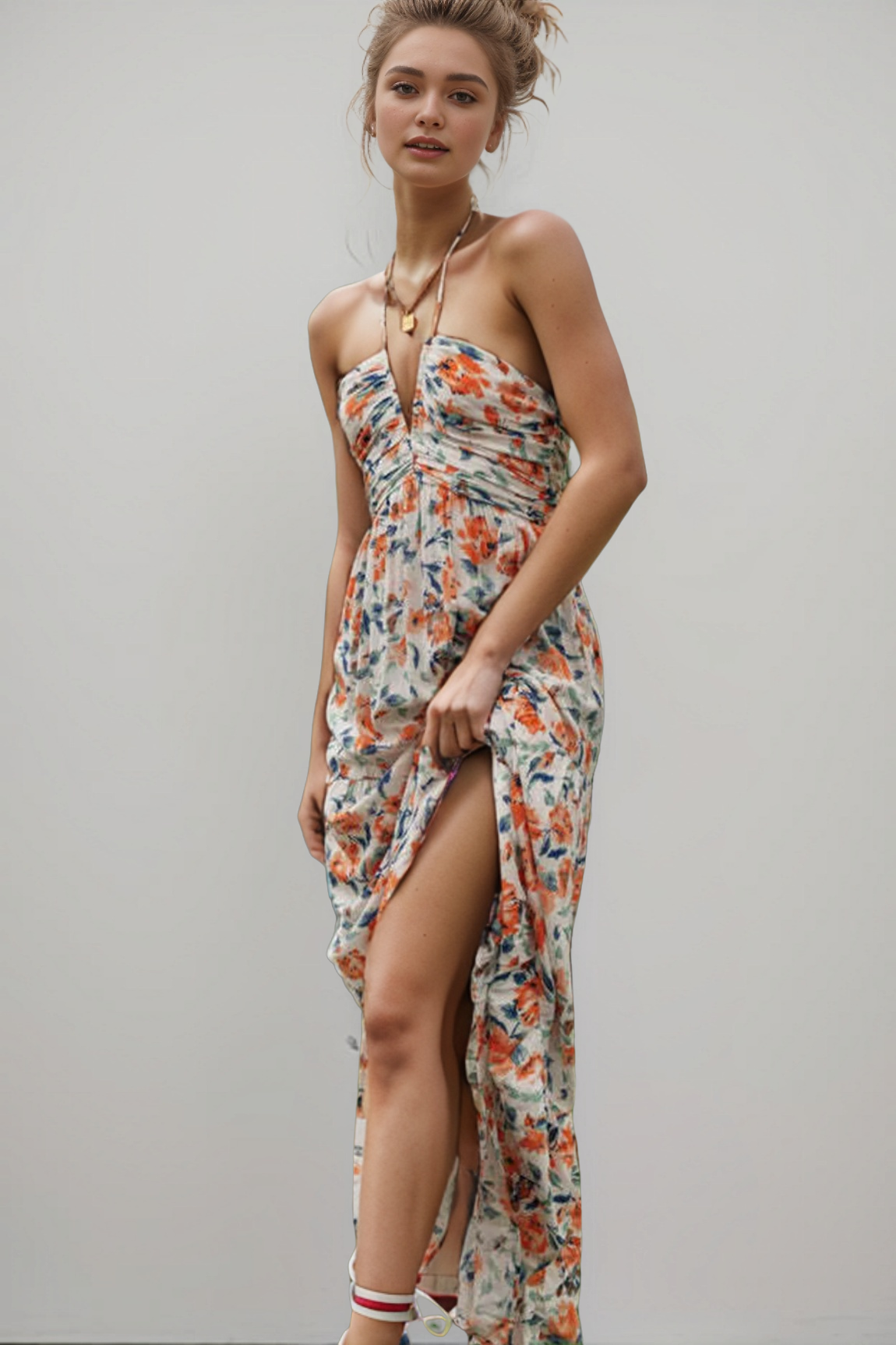 Halter Floral Print Chiffon Maxi Dress