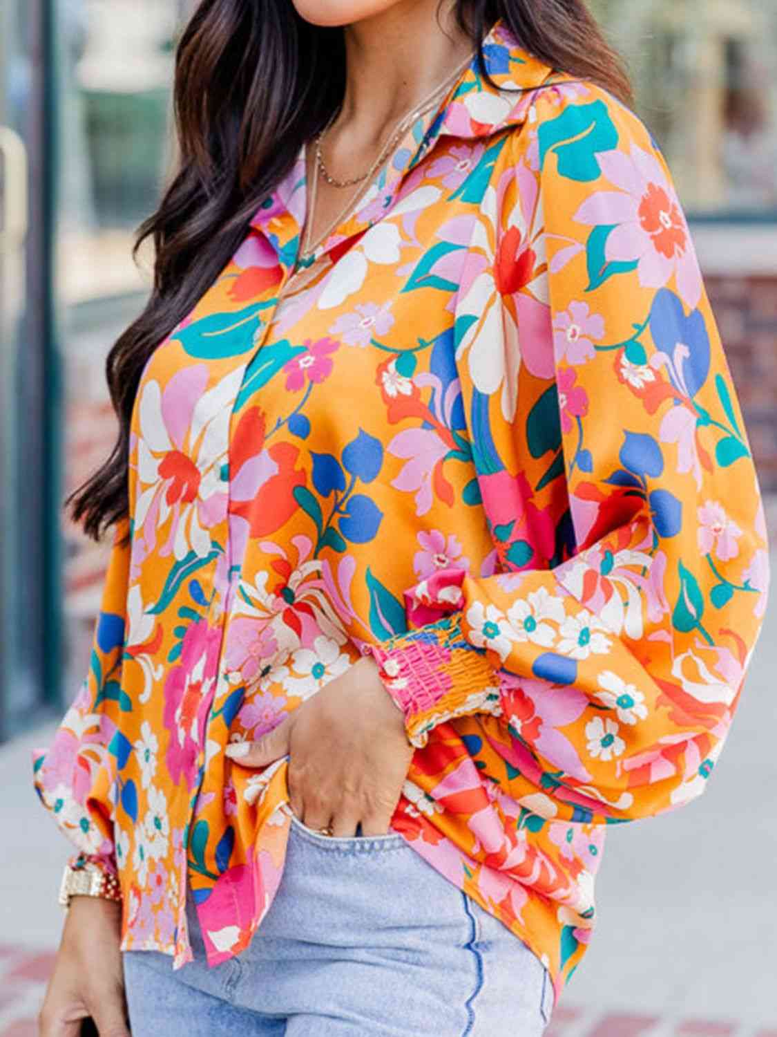 Floral Print Collared Neck Lantern Sleeve Shirt
