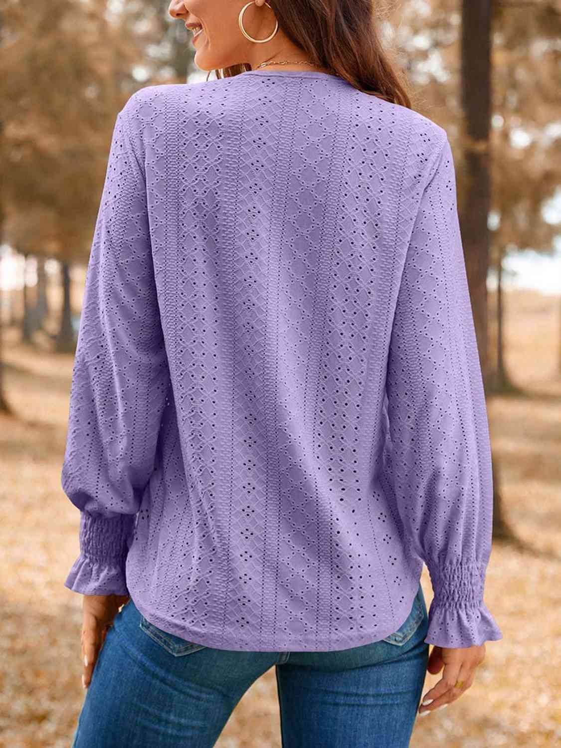 Eyelet V-Neck Flounce Sleeve Top