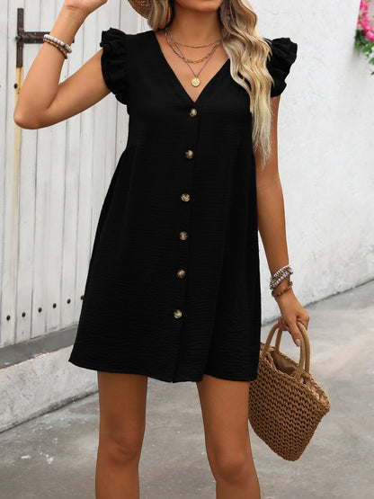 Ivy Lane Button Up V-Neck Cap Sleeve Mini Dress