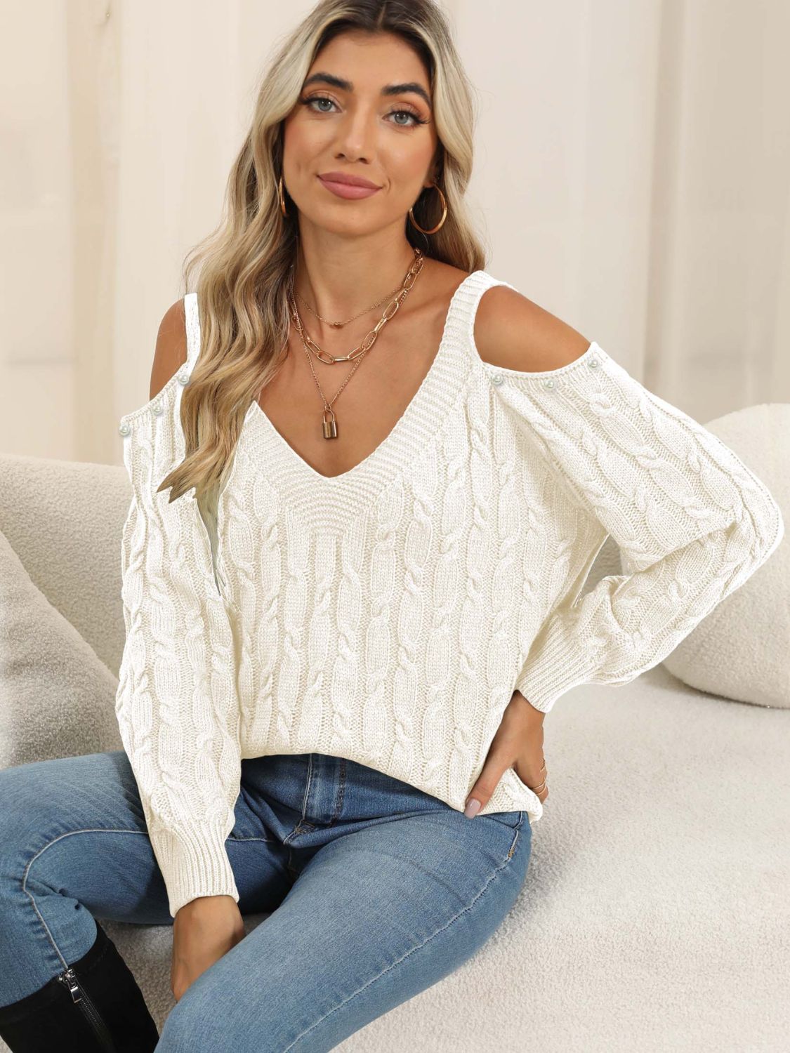 Cable-Knit Cold Shoulder Sweater