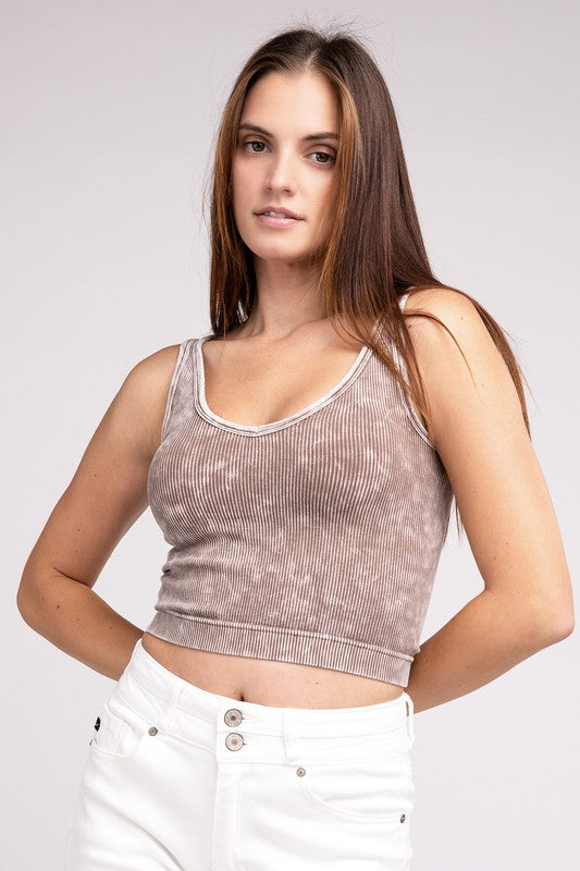 2 Way Neckline Washed Ribbed Cropped Tank Top