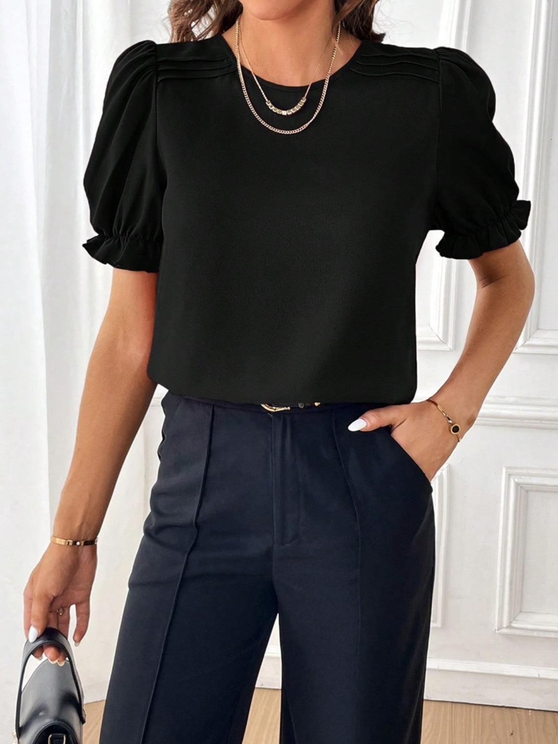 Round Neck Flounce Sleeve Blouse