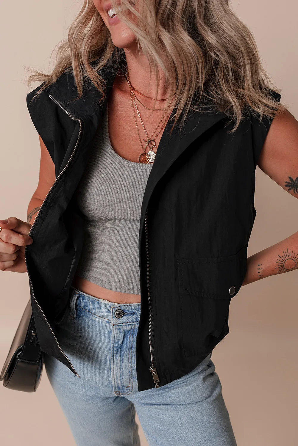 Pocketed Zip Up Vest Coat