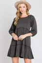 SOLID RIB CASUAL BABYDOLL TIERED DRESS