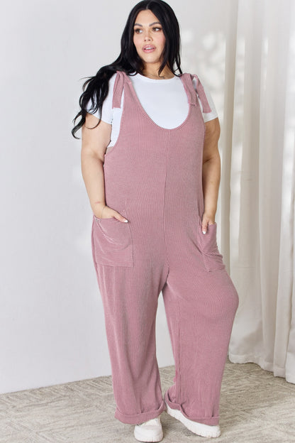 Celeste Full Size Ribbed Tie Shoulder Sleeveless Ankle Overalls