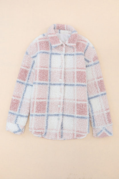Plaid Button Up Collared Neck Sherpa Jacket