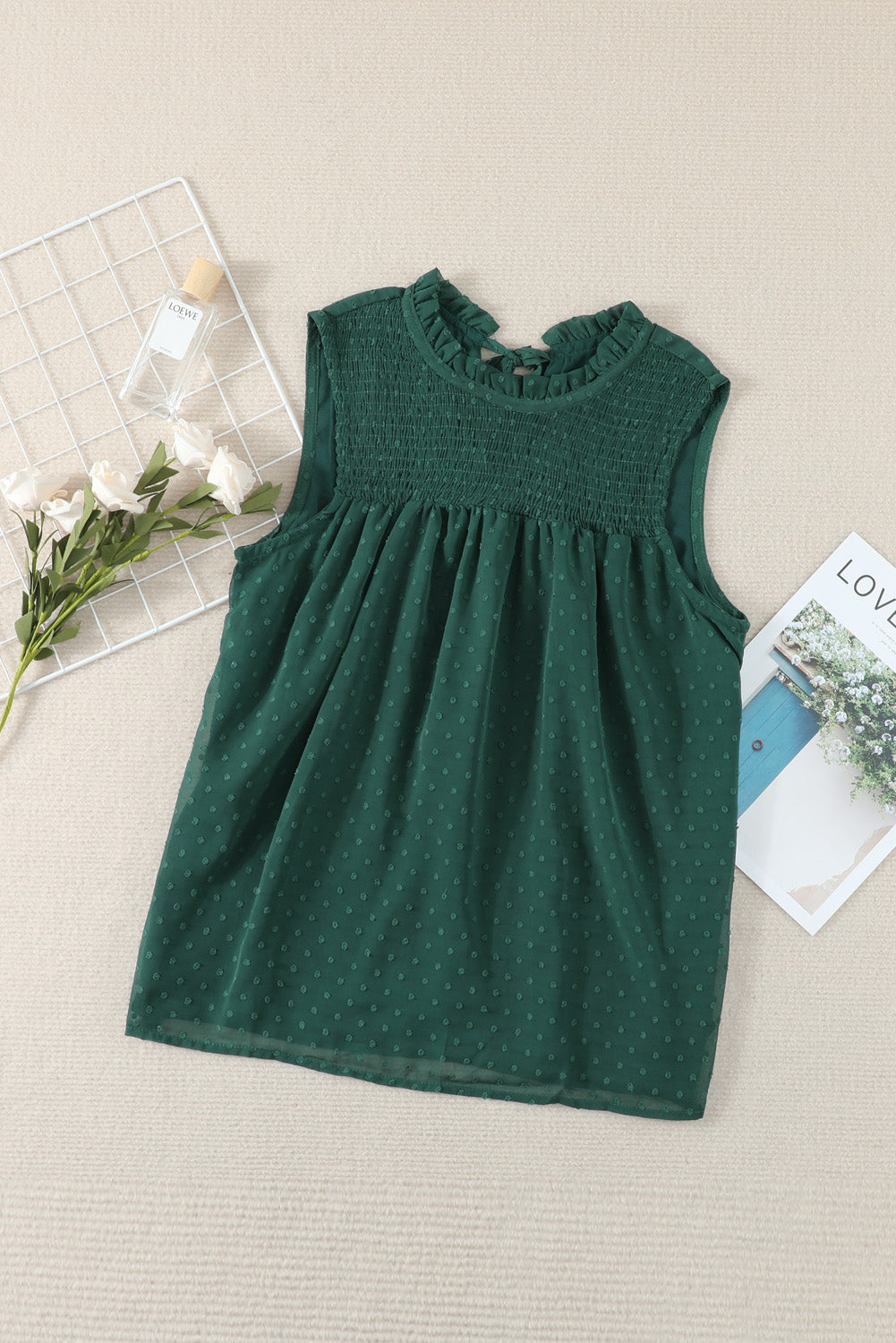 Smocked Frill Swiss Dot Round Neck Tank