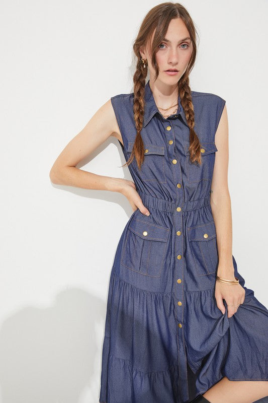 SLEEVELESS BUTTON DOWN COLLARED DENIM DRESS