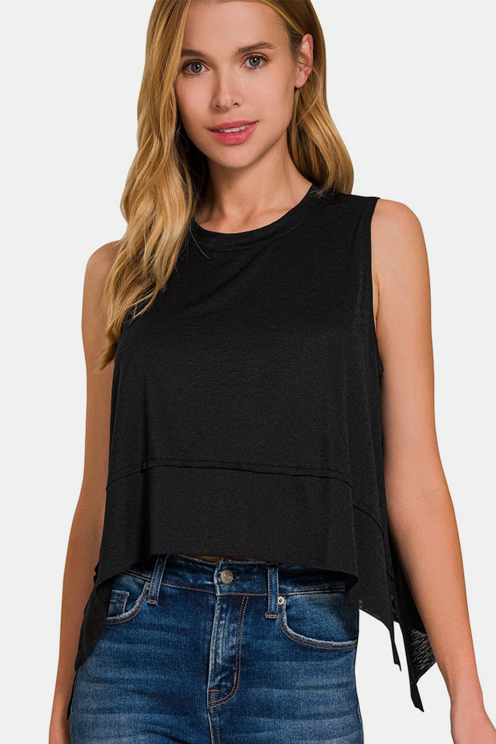 Zenana Exposed Seam Slit Round Neck Tank