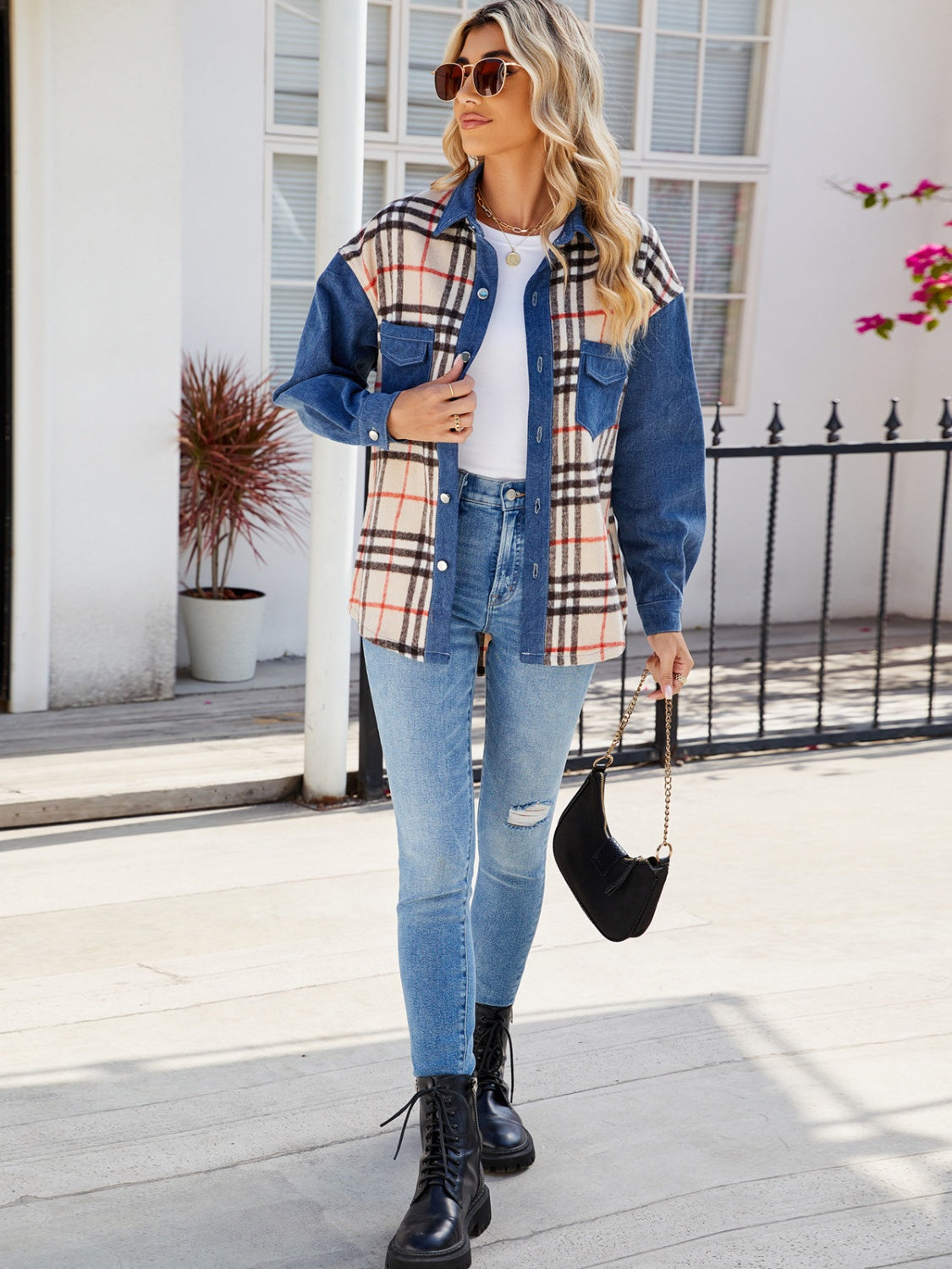 Plaid Long Sleeve Denim Jacket
