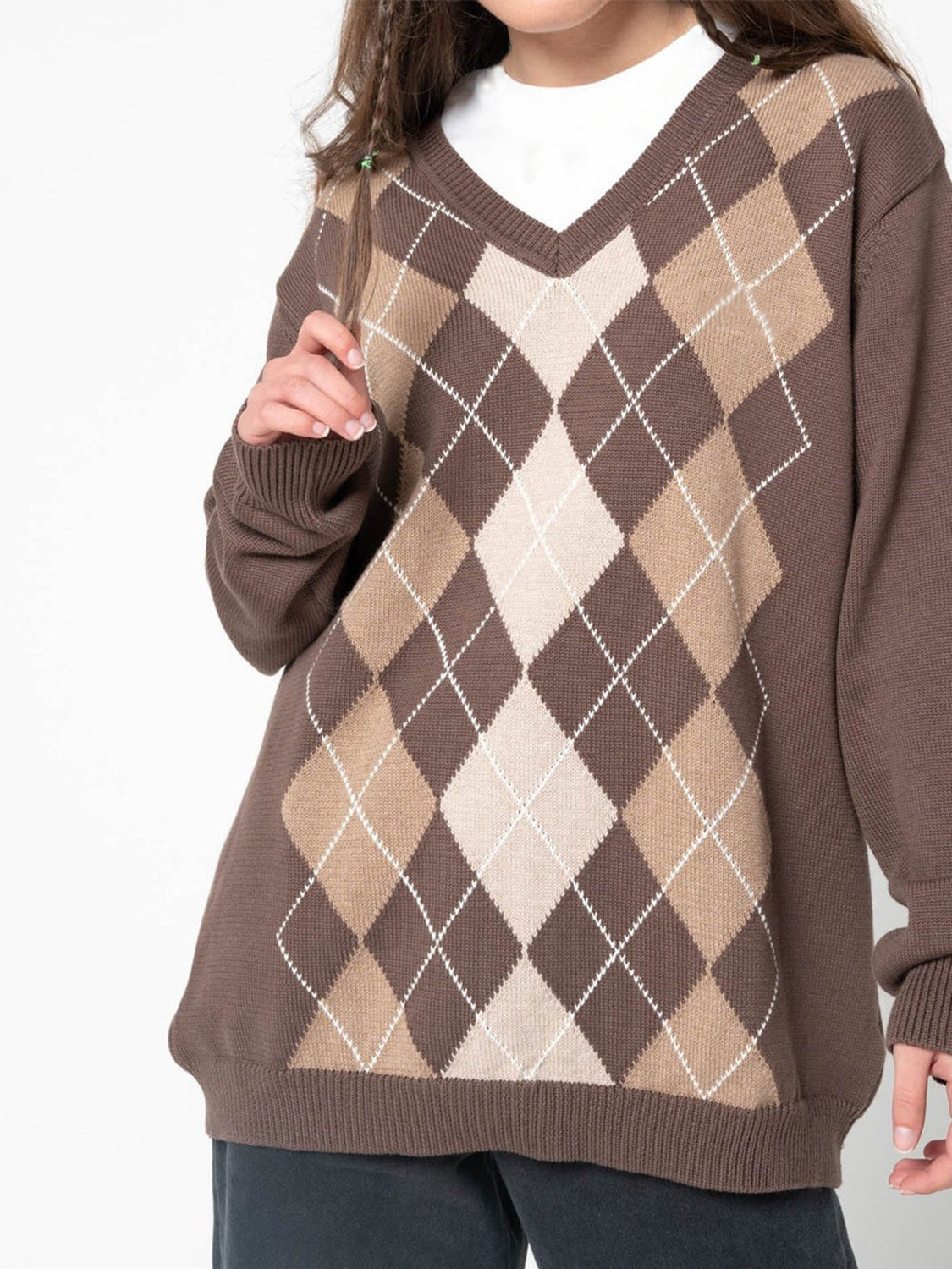 Geometric V-Neck Long Sleeve Sweater