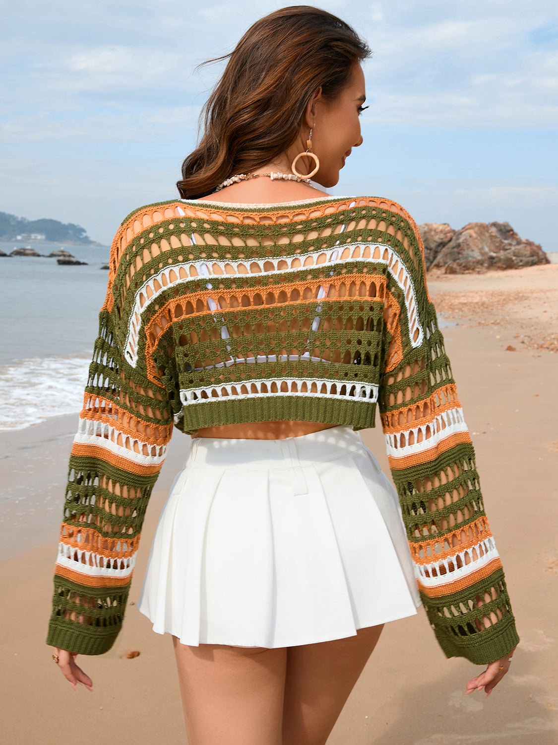 Openwork Boat Neck Dropped Shoulder Cover-Up