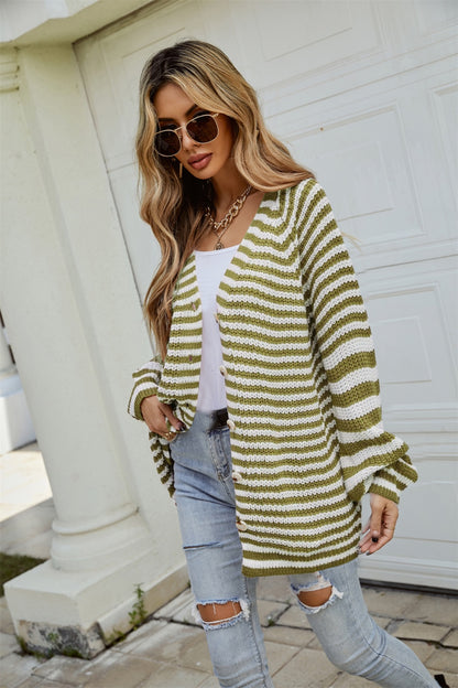 Striped Button Up Long Sleeve Cardigan