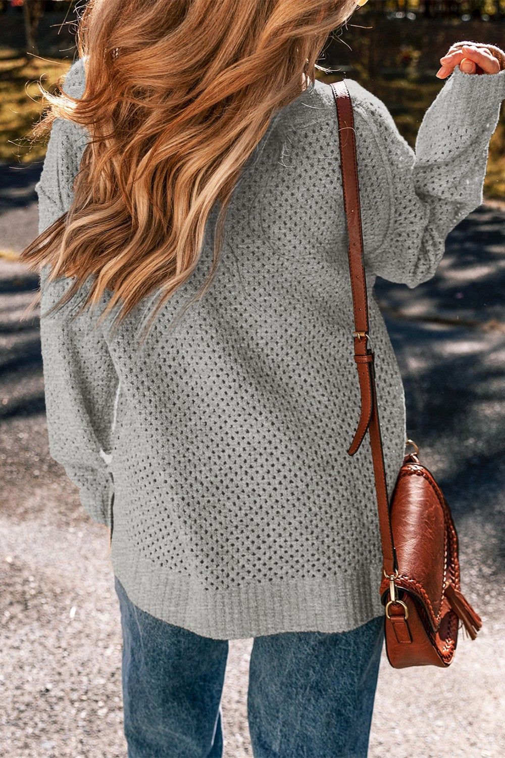 Openwork V-Neck Dropped Shoulder Sweater