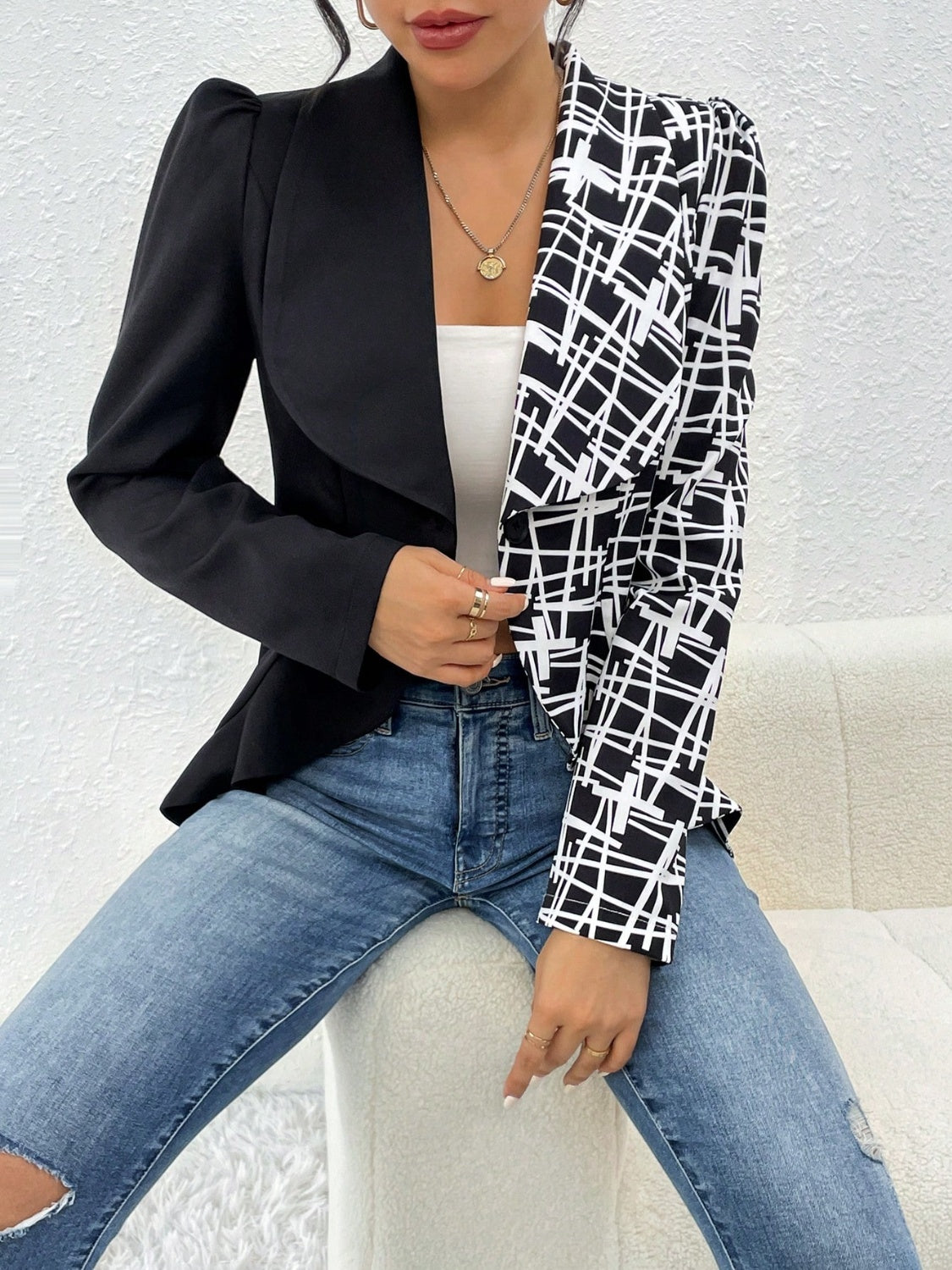 Printed Collared Neck Long Sleeve Blazer