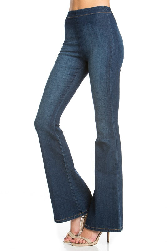 zipper back faded denim flare  jeans