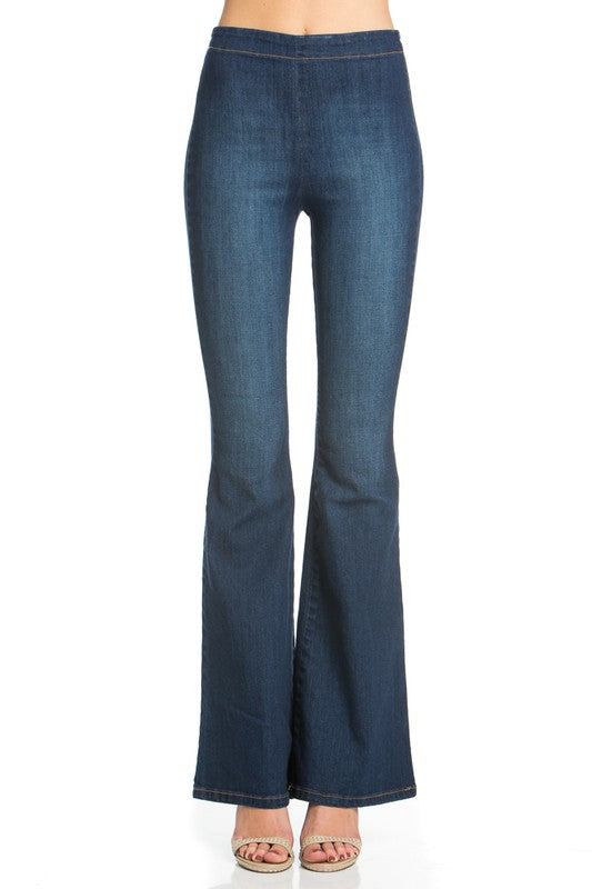 zipper back faded denim flare  jeans