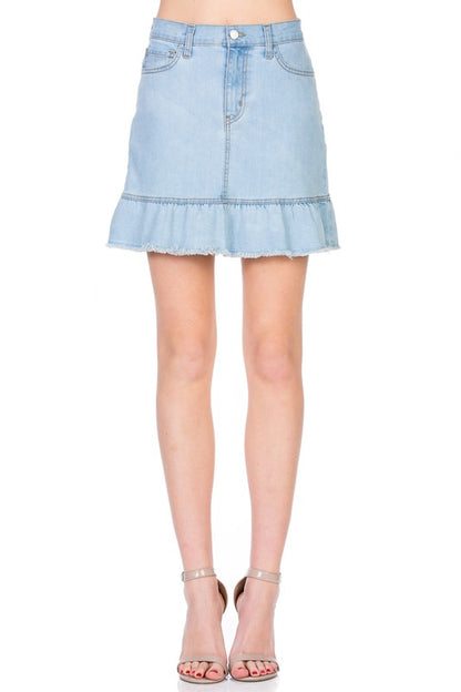 High Waisted A-line Ruffle Hem Denim Skirt