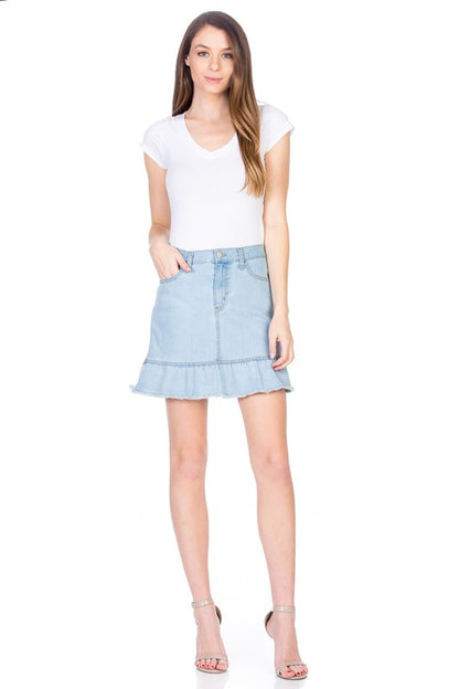 High Waisted A-line Ruffle Hem Denim Skirt