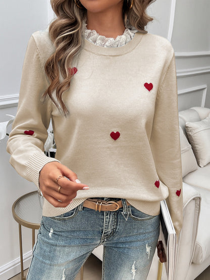 Devine Lace Detail Heart Long Sleeve Sweater