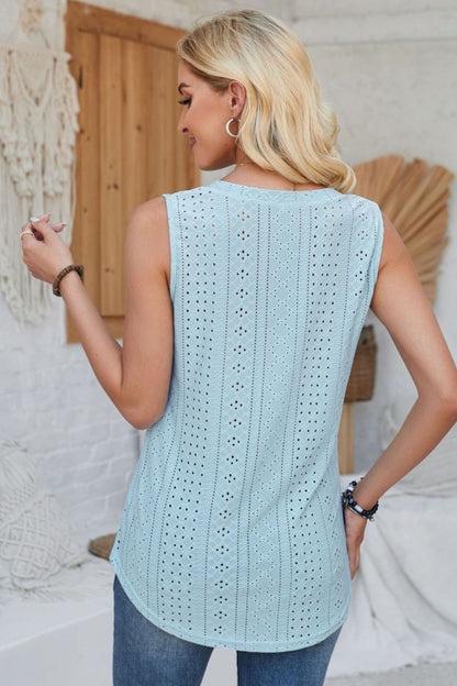 Eyelet Decorative Button V-Neck Tank