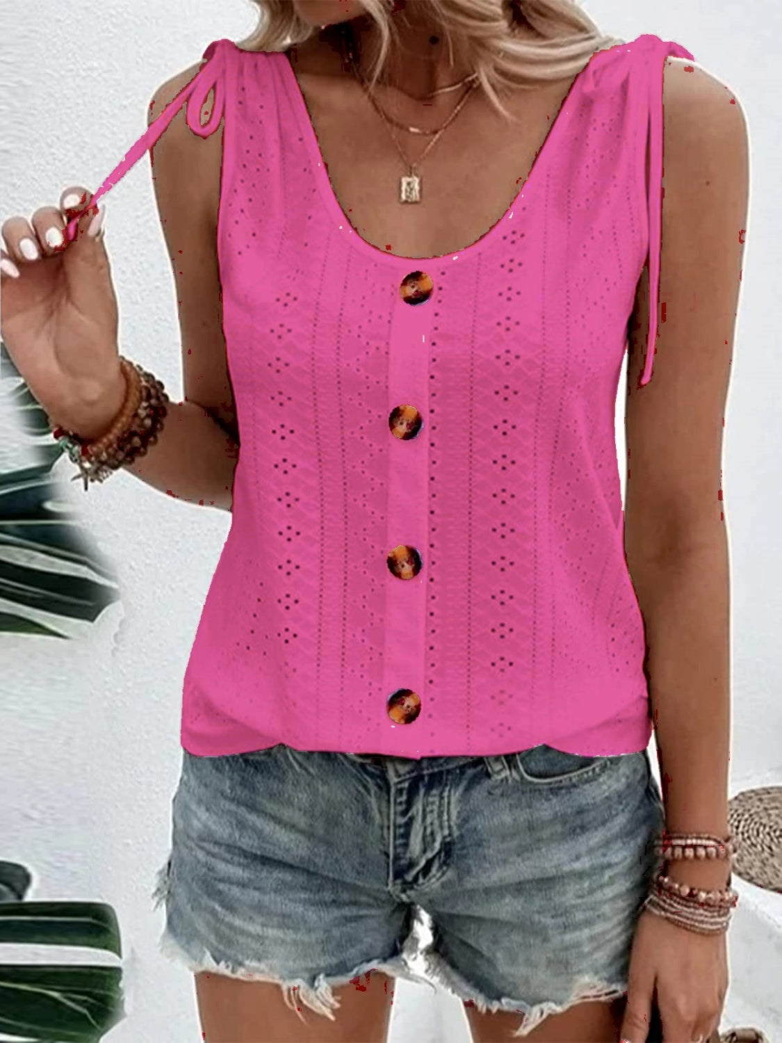 Eyelet Tie Shoulder Scoop Neck Tank