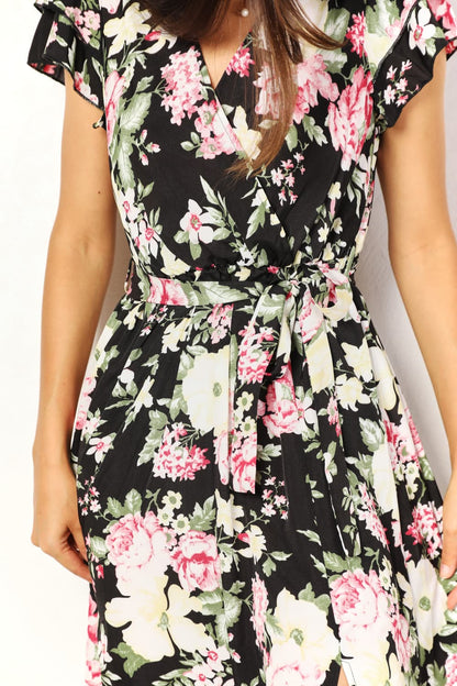 Floral Flutter Sleeve Tie-Waist Split Dress