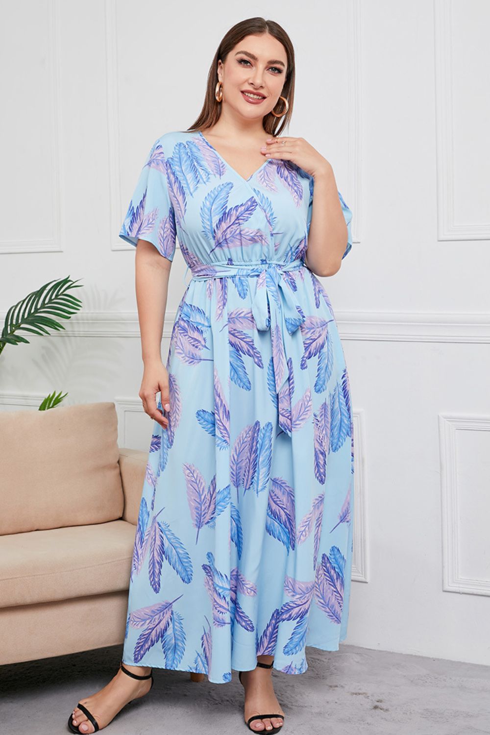 Plus Size Printed Surplice Short Sleeve Maxi Dress