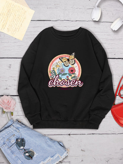 Butterfly Round Neck Dropped Shoulder Sweatshirt