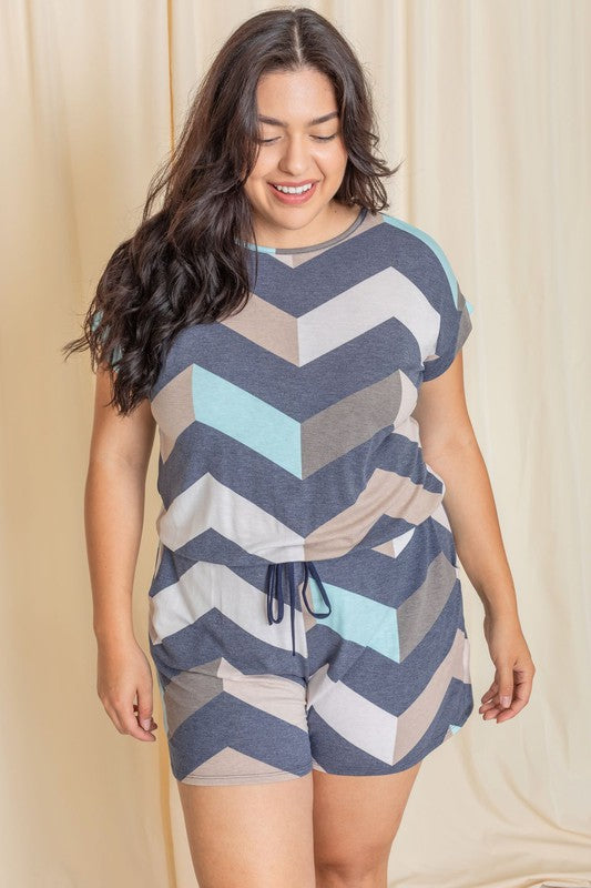 Plus Drawstring Chevron Romper