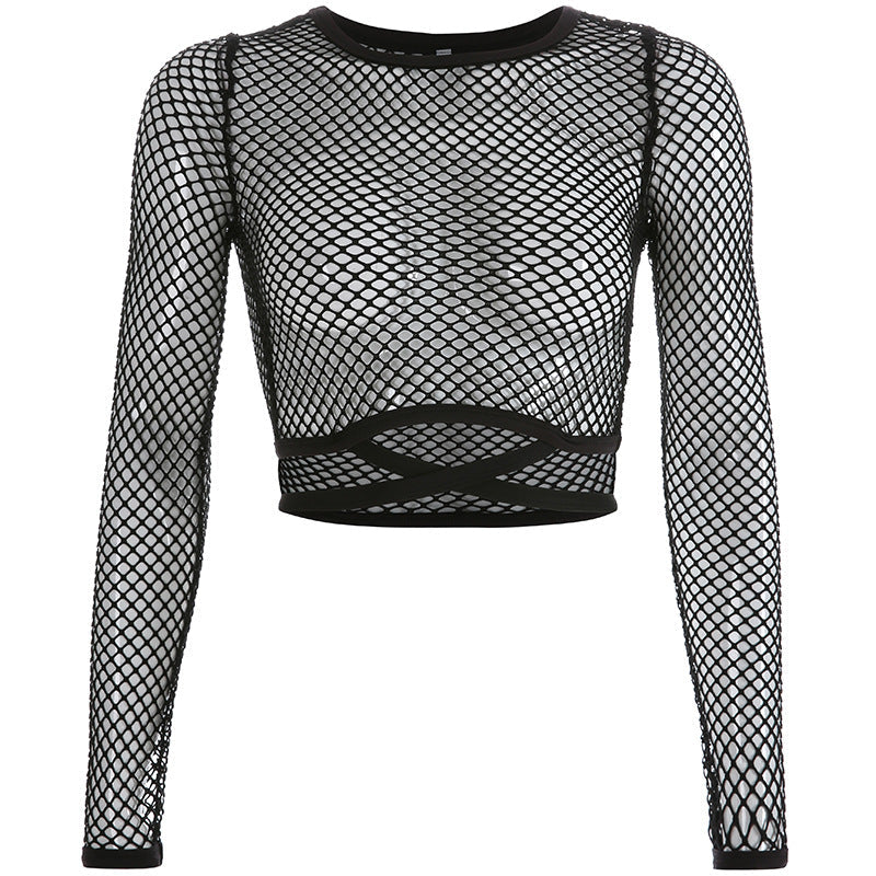 Women Clothing Sexy Grid See through Women Tops Long Sleeve Tight T shirt Ladies