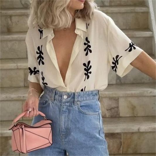 Summer Women Clothing Retro Design Niche Short Sleeve Collared Positioning Printed Shirt