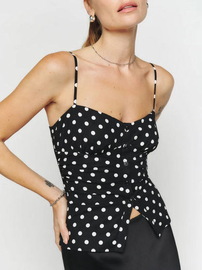 French Polka Dot V neck Sling Vest Summer Breasted Women Cropped Top