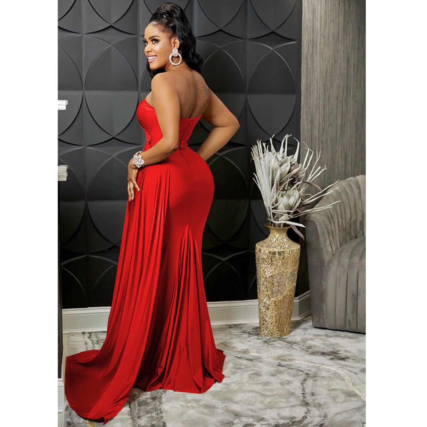 Solid Color Party Tight One Shoulder Sleeve Dress Maxi Dress Women