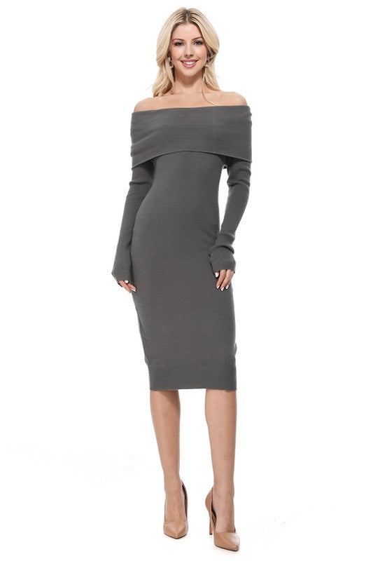 Off Shoulder Long Sleeve Slim Fit Midi Knit Dress