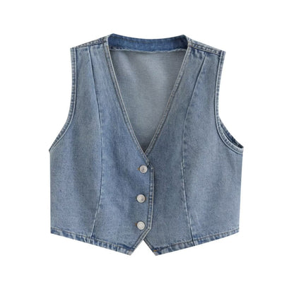 Women Clothing French Slim Fit Buttoned Short Denim Vest