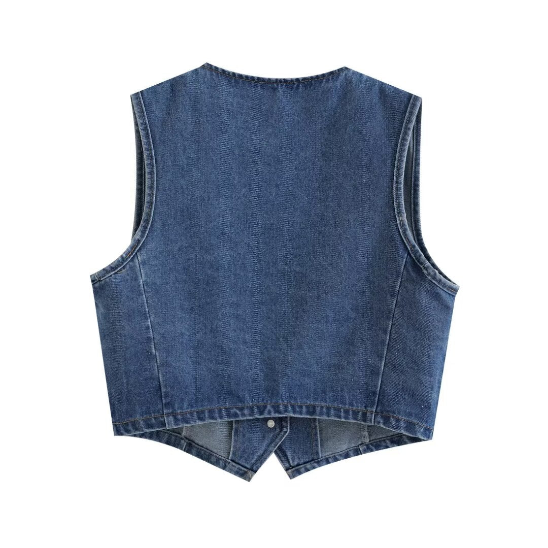 Women Clothing French Slim Fit Buttoned Short Denim Vest