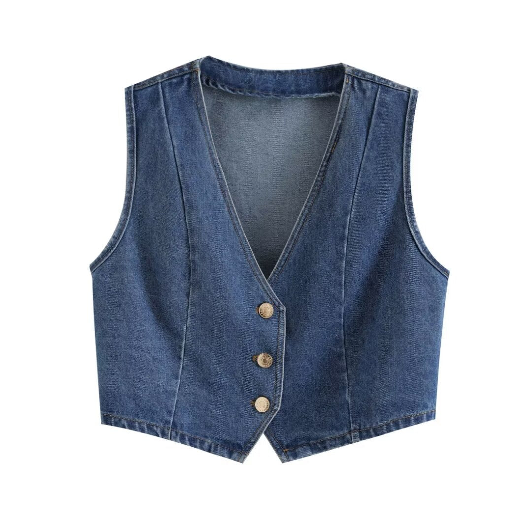 Women Clothing French Slim Fit Buttoned Short Denim Vest