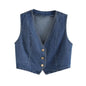 Women Clothing French Slim Fit Buttoned Short Denim Vest