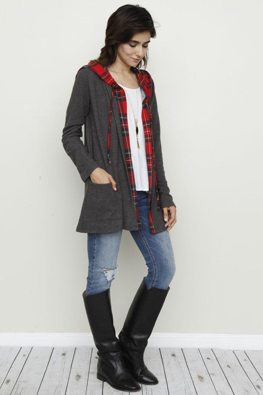 Plus Hooded plaid Trimmed Cardigan