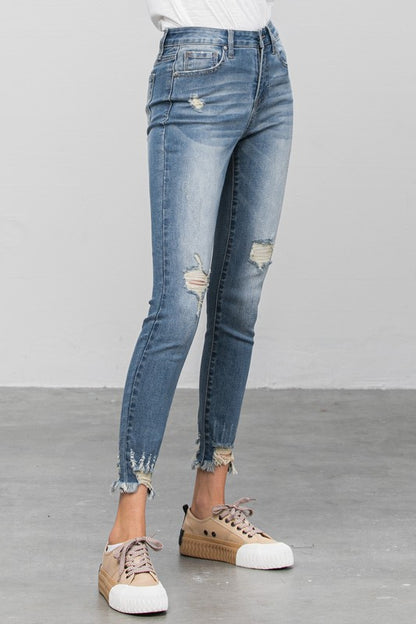 Distressed Raw Hem Skinny Jeans