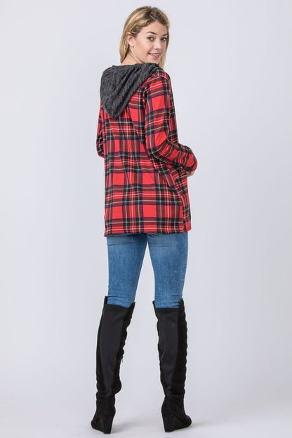 Hooded Plaid Trimmed Cardigan