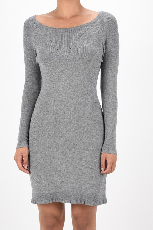 Round Neck Reglan Sleeve Ribbed Knit Sweater Dress