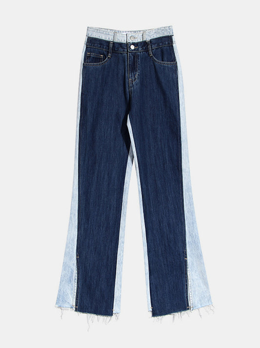 Contrast Button Fly Slit Frayed Hem Jeans