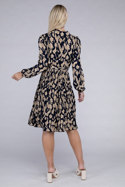 Allover Print Pleated Belted Dress