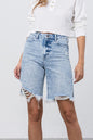 High Rise Frayed Hem Bermuda Denim Shorts